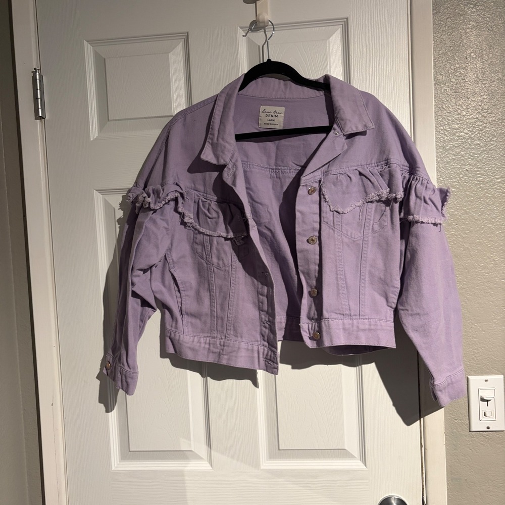 Love Tree Denim Purple Ruffle Cropped Jacket Lavender Raw Edge Cotton Large